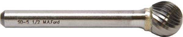 M.A. Ford - 1/2" Cut Diam, 1/4" Shank Diam, Ball Head Double Cut Burr - Carbide, Radius End, 7/16" LOC, 6-7/16" OAL - Apex Tool & Supply