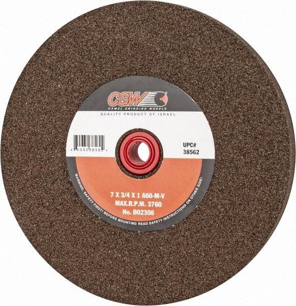 Camel Grinding Wheels - 60 Grit Aluminum Oxide Bench & Pedestal Grinding Wheel - 7" Diam x 1" Hole x 3/4" Thick, 3760 Max RPM, M Hardness, Medium Grade , Vitrified Bond - Apex Tool & Supply