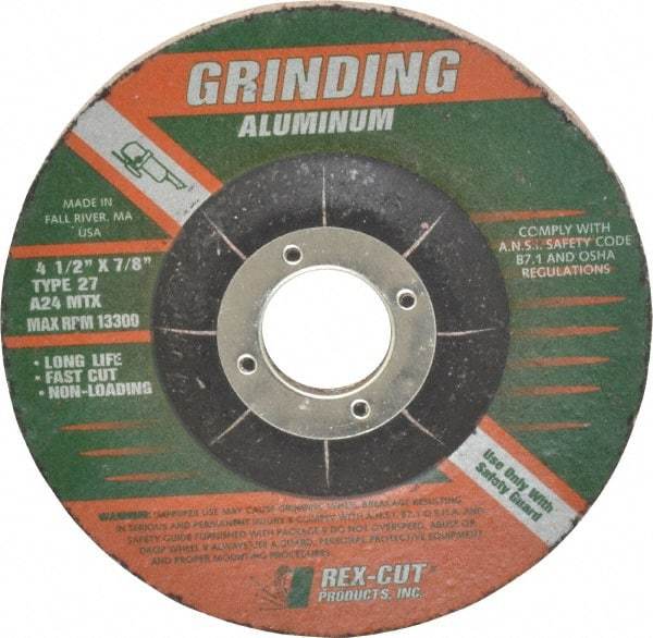 Rex Cut Product - 24 Grit, 4-1/2" Wheel Diam, 1/4" Wheel Thickness, 7/8" Arbor Hole, Type 27 Depressed Center Wheel - Aluminum Oxide, Resinoid Bond, 13,300 Max RPM, Compatible with Angle Grinder - Apex Tool & Supply