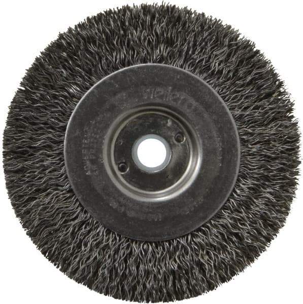 Weiler - 4" OD, 1/2" Arbor Hole, Crimped Steel Wheel Brush - 1/2" Face Width, 7/8" Trim Length, 0.014" Filament Diam, 12,500 RPM - Apex Tool & Supply