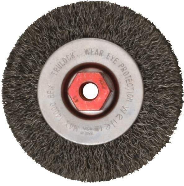 Weiler - 4" OD, M10x1.50 Arbor Hole, Crimped Steel Wheel Brush - 1/2" Face Width, 7/8" Trim Length, 0.014" Filament Diam, 14,000 RPM - Apex Tool & Supply