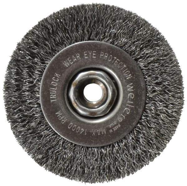 Weiler - 4" OD, 1/2-13 Arbor Hole, Crimped Steel Wheel Brush - 1/2" Face Width, 7/8" Trim Length, 0.014" Filament Diam, 14,000 RPM - Apex Tool & Supply