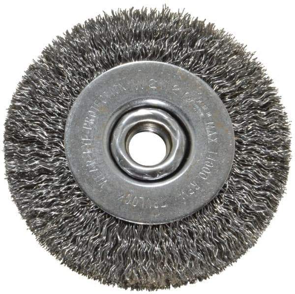 Weiler - 4" OD, 5/8-11 Arbor Hole, Crimped Steel Wheel Brush - 1/2" Face Width, 7/8" Trim Length, 0.014" Filament Diam, 14,000 RPM - Apex Tool & Supply