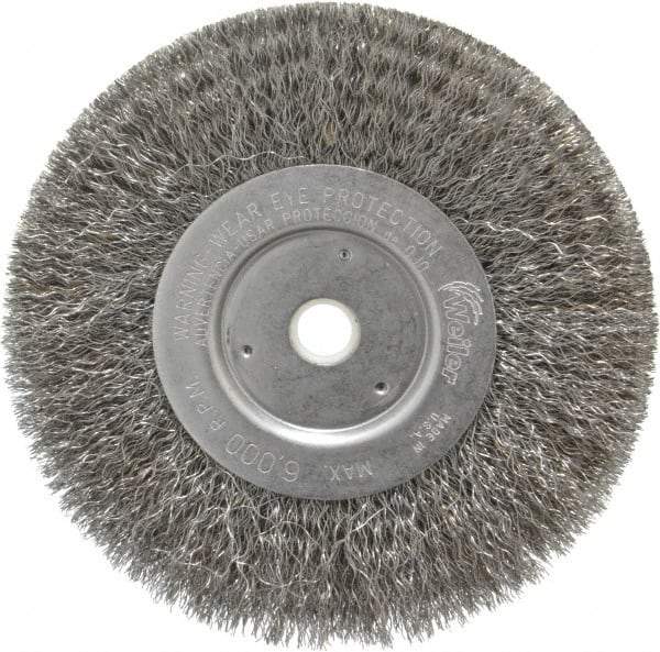 Weiler - 6" OD, 5/8" Arbor Hole, Crimped Steel Wheel Brush - 3/4" Face Width, 1-7/16" Trim Length, 0.0104" Filament Diam, 6,000 RPM - Apex Tool & Supply