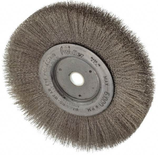 Weiler - 6" OD, 5/8" Arbor Hole, Crimped Stainless Steel Wheel Brush - 3/4" Face Width, 1-7/16" Trim Length, 0.006" Filament Diam, 6,000 RPM - Apex Tool & Supply