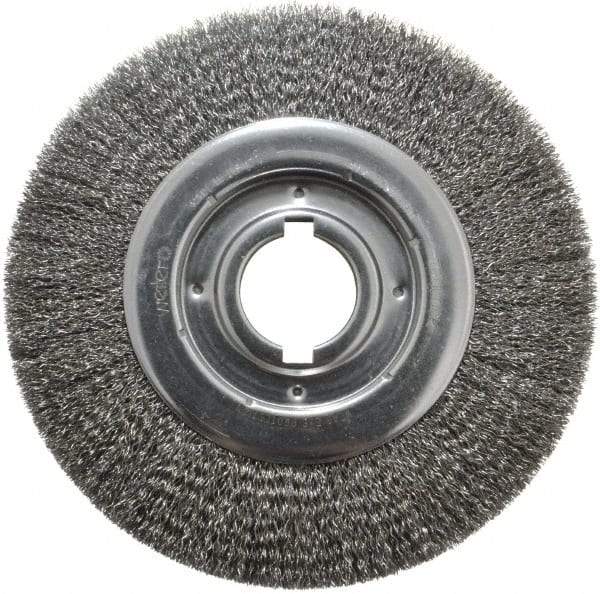 Weiler - 10" OD, 2" Arbor Hole, Crimped Steel Wheel Brush - 1-1/8" Face Width, 2" Trim Length, 0.014" Filament Diam, 3,600 RPM - Apex Tool & Supply