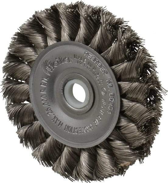 Weiler - 3" OD, 1/2" Arbor Hole, Knotted Stainless Steel Wheel Brush - 3/8" Face Width, 5/8" Trim Length, 0.0118" Filament Diam, 25,000 RPM - Apex Tool & Supply