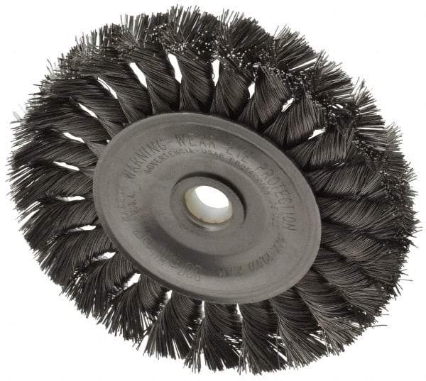 Weiler - 4" OD, 1/2" Arbor Hole, Knotted Steel Wheel Brush - 1/2" Face Width, 7/8" Trim Length, 0.0118" Filament Diam, 20,000 RPM - Apex Tool & Supply
