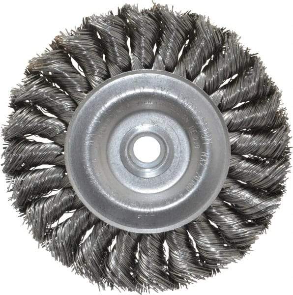 Weiler - 4" OD, 1/2" Arbor Hole, Knotted Steel Wheel Brush - 1/2" Face Width, 7/8" Trim Length, 0.014" Filament Diam, 20,000 RPM - Apex Tool & Supply