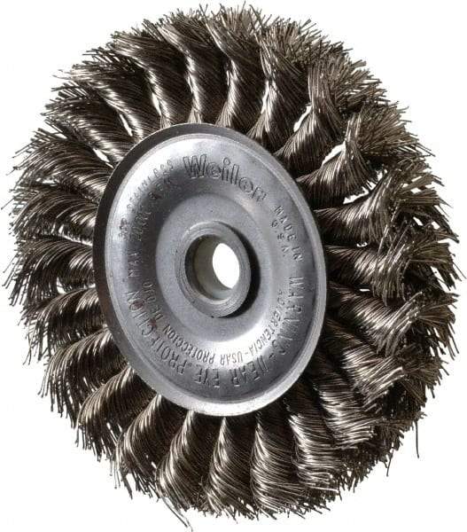 Weiler - 4" OD, 1/2" Arbor Hole, Knotted Stainless Steel Wheel Brush - 1/2" Face Width, 7/8" Trim Length, 0.014" Filament Diam, 20,000 RPM - Apex Tool & Supply