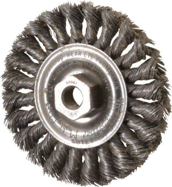 Weiler - 4" OD, 1/2-13 Arbor Hole, Knotted Steel Wheel Brush - 1/2" Face Width, 7/8" Trim Length, 0.014" Filament Diam, 20,000 RPM - Apex Tool & Supply