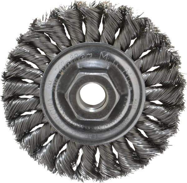 Weiler - 4" OD, 5/8-11 Arbor Hole, Knotted Steel Wheel Brush - 1/2" Face Width, 7/8" Trim Length, 0.014" Filament Diam, 20,000 RPM - Apex Tool & Supply