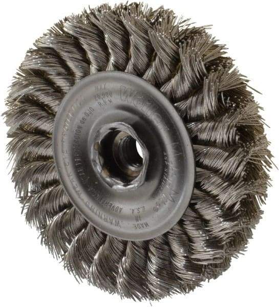 Weiler - 4" OD, 1/2-13 Arbor Hole, Knotted Stainless Steel Wheel Brush - 1/2" Face Width, 7/8" Trim Length, 0.014" Filament Diam, 20,000 RPM - Apex Tool & Supply