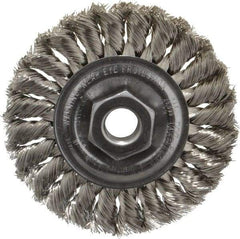 Weiler - 4" OD, 5/8-11 Arbor Hole, Knotted Stainless Steel Wheel Brush - 1/2" Face Width, 7/8" Trim Length, 0.014" Filament Diam, 20,000 RPM - Apex Tool & Supply