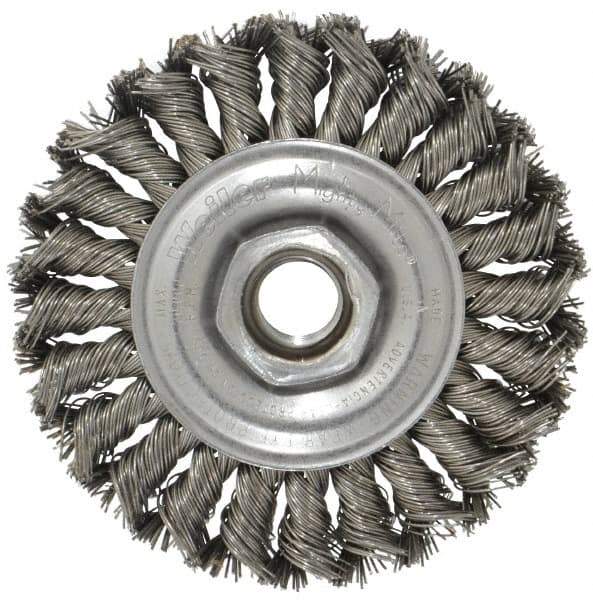 Weiler - 4" OD, 5/8-11 Arbor Hole, Knotted Steel Wheel Brush - 1/2" Face Width, 7/8" Trim Length, 0.02" Filament Diam, 20,000 RPM - Apex Tool & Supply
