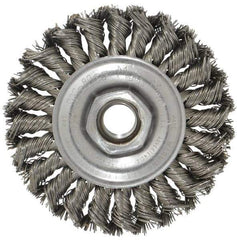 Weiler - 4" OD, 5/8-11 Arbor Hole, Knotted Steel Wheel Brush - 1/2" Face Width, 7/8" Trim Length, 0.02" Filament Diam, 20,000 RPM - Apex Tool & Supply
