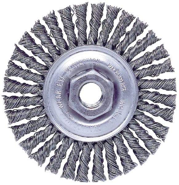 Weiler - 4" OD, M10x1.50 Arbor Hole, Knotted Stainless Steel Wheel Brush - 3/16" Face Width, 7/8" Trim Length, 0.02" Filament Diam, 20,000 RPM - Apex Tool & Supply