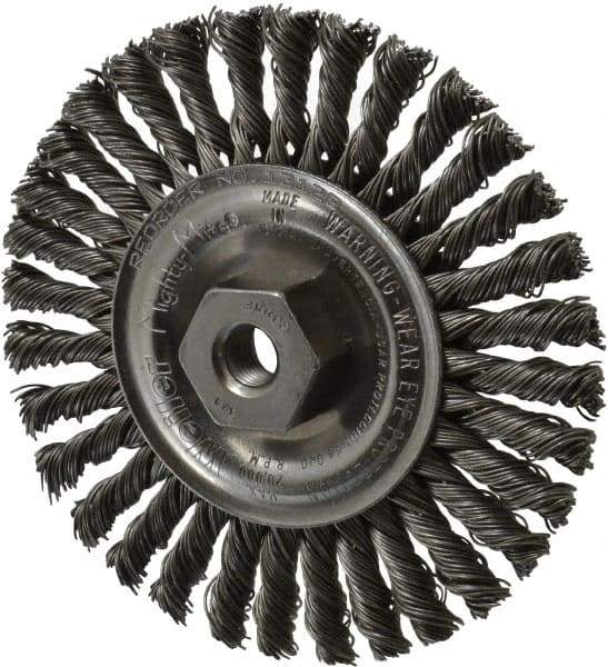 Weiler - 4" OD, 3/8-24 Arbor Hole, Knotted Steel Wheel Brush - 3/16" Face Width, 7/8" Trim Length, 0.02" Filament Diam, 20,000 RPM - Apex Tool & Supply