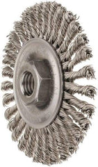 Weiler - 4" OD, 5/8-11 Arbor Hole, Knotted Stainless Steel Wheel Brush - 3/16" Face Width, 7/8" Trim Length, 0.02" Filament Diam, 20,000 RPM - Apex Tool & Supply