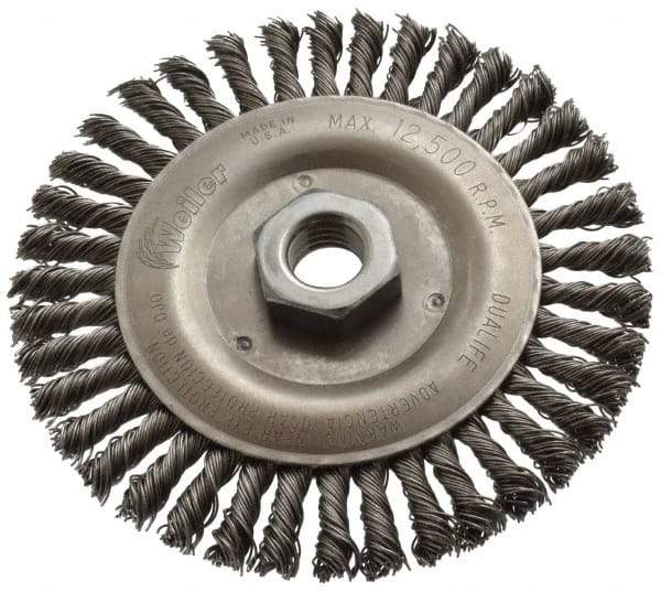 Weiler - 5" OD, 5/8-11 Arbor Hole, Knotted Steel Wheel Brush - 3/16" Face Width, 7/8" Trim Length, 0.02" Filament Diam, 12,500 RPM - Apex Tool & Supply
