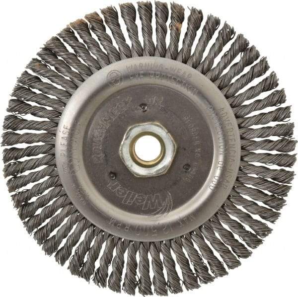 Weiler - 6" OD, 5/8-11 Arbor Hole, Knotted Steel Wheel Brush - 3/16" Face Width, 1-1/8" Trim Length, 0.02" Filament Diam, 12,500 RPM - Apex Tool & Supply