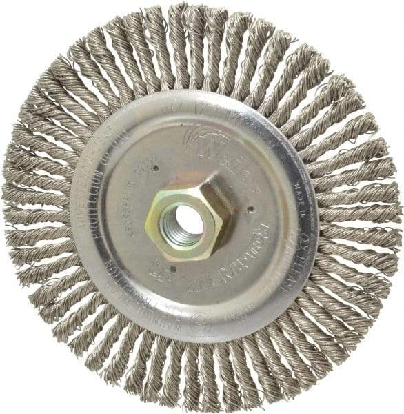 Weiler - 6" OD, 5/8-11 Arbor Hole, Knotted Stainless Steel Wheel Brush - 3/16" Face Width, 1-1/8" Trim Length, 0.02" Filament Diam, 12,500 RPM - Apex Tool & Supply