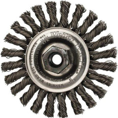 Weiler - 4" OD, M10x1.25 Arbor Hole, Knotted Steel Wheel Brush - 1/4" Face Width, 7/8" Trim Length, 0.02" Filament Diam, 20,000 RPM - Apex Tool & Supply