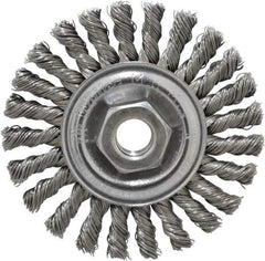 Weiler - 4" OD, 5/8-11 Arbor Hole, Knotted Steel Wheel Brush - 1/4" Face Width, 7/8" Trim Length, 0.02" Filament Diam, 20,000 RPM - Apex Tool & Supply