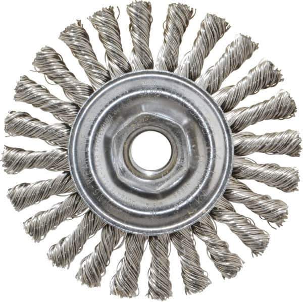 Weiler - 4" OD, 5/8-11 Arbor Hole, Knotted Stainless Steel Wheel Brush - 1/4" Face Width, 7/8" Trim Length, 0.02" Filament Diam, 20,000 RPM - Apex Tool & Supply
