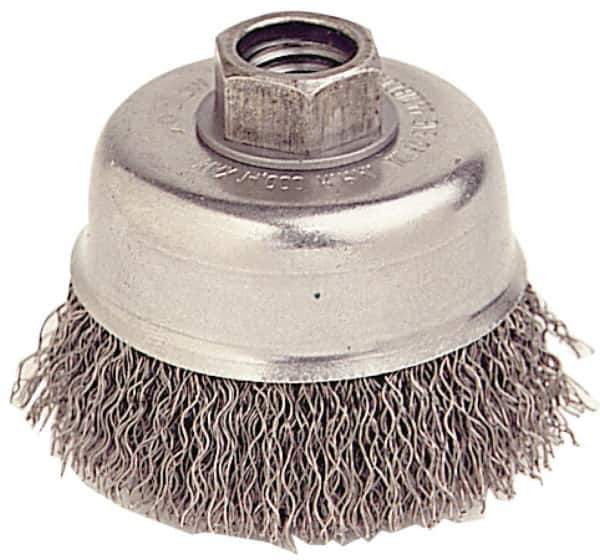 Weiler - 3-1/2" Diam, 1/2-13 Threaded Arbor, Stainless Steel Fill Cup Brush - 0.014 Wire Diam, 7/8" Trim Length, 12,000 Max RPM - Apex Tool & Supply