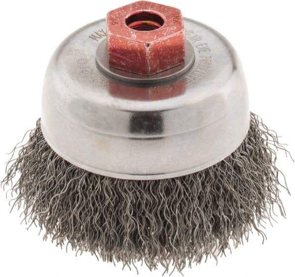 Weiler - 3" Diam, M10x1.50 Threaded Arbor, Steel Fill Cup Brush - 0.014 Wire Diam, 7/8" Trim Length, 14,000 Max RPM - Apex Tool & Supply