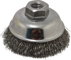 Weiler - 3-1/2" Diam, 5/8-11 Threaded Arbor, Steel Fill Cup Brush - 0.014 Wire Diam, 7/8" Trim Length, 12,000 Max RPM - Apex Tool & Supply