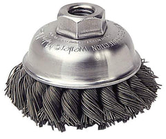 Weiler - 2-3/4" Diam, M10x1.25 Threaded Arbor, Steel Fill Cup Brush - 0.014 Wire Diam, 7/8" Trim Length, 14,000 Max RPM - Apex Tool & Supply