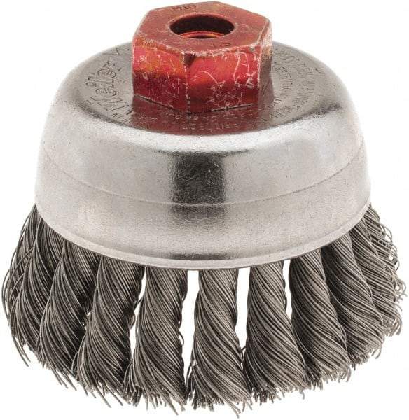 Weiler - 2-3/4" Diam, M10x1.50 Threaded Arbor, Steel Fill Cup Brush - 0.014 Wire Diam, 7/8" Trim Length, 14,000 Max RPM - Apex Tool & Supply