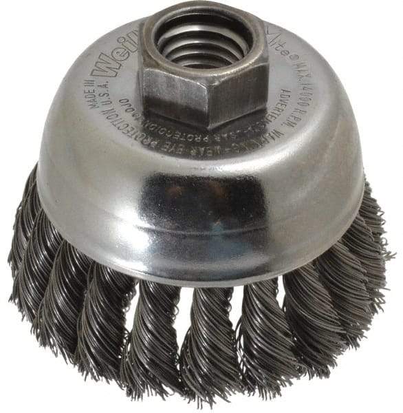 Weiler - 2-3/4" Diam, 5/8-11 Threaded Arbor, Steel Fill Cup Brush - 0.014 Wire Diam, 7/8" Trim Length, 14,000 Max RPM - Apex Tool & Supply