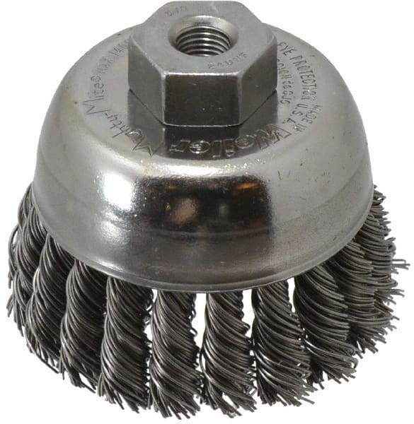 Weiler - 2-3/4" Diam, 3/8-24 Threaded Arbor, Steel Fill Cup Brush - 0.02 Wire Diam, 7/8" Trim Length, 14,000 Max RPM - Apex Tool & Supply