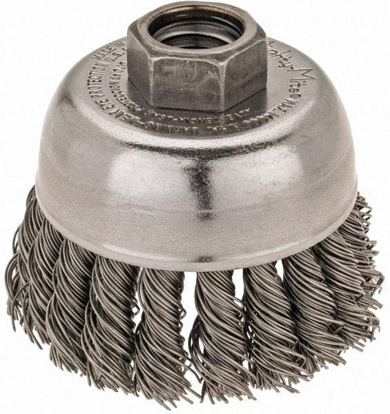 Weiler - 2-3/4" Diam, 5/8-11 Threaded Arbor, Steel Fill Cup Brush - 0.02 Wire Diam, 7/8" Trim Length, 14,000 Max RPM - Apex Tool & Supply