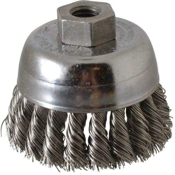 Weiler - 2-3/4" Diam, 1/2-13 Threaded Arbor, Stainless Steel Fill Cup Brush - 0.02 Wire Diam, 7/8" Trim Length, 14,000 Max RPM - Apex Tool & Supply