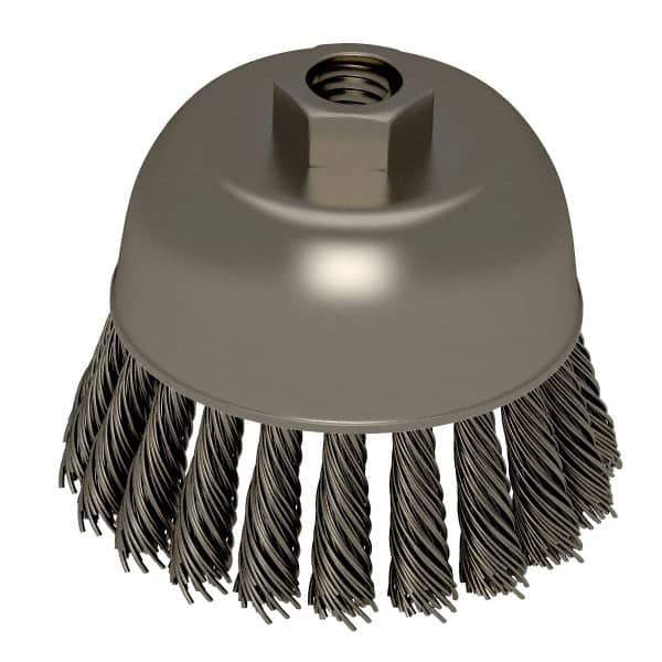 Weiler - 2-3/4" Diam, 5/8-11 Threaded Arbor, Stainless Steel Fill Cup Brush - 0.02 Wire Diam, 7/8" Trim Length, 14,000 Max RPM - Apex Tool & Supply