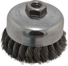 Weiler - 4" Diam, 5/8-11 Threaded Arbor, Steel Fill Cup Brush - 0.014 Wire Diam, 1-1/4" Trim Length, 9,000 Max RPM - Apex Tool & Supply