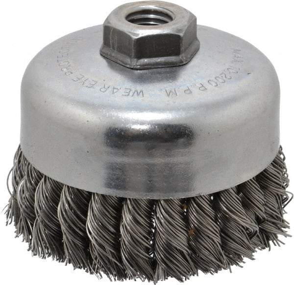 Weiler - 4" Diam, 5/8-11 Threaded Arbor, Steel Fill Cup Brush - 0.023 Wire Diam, 1-1/4" Trim Length, 9,000 Max RPM - Apex Tool & Supply