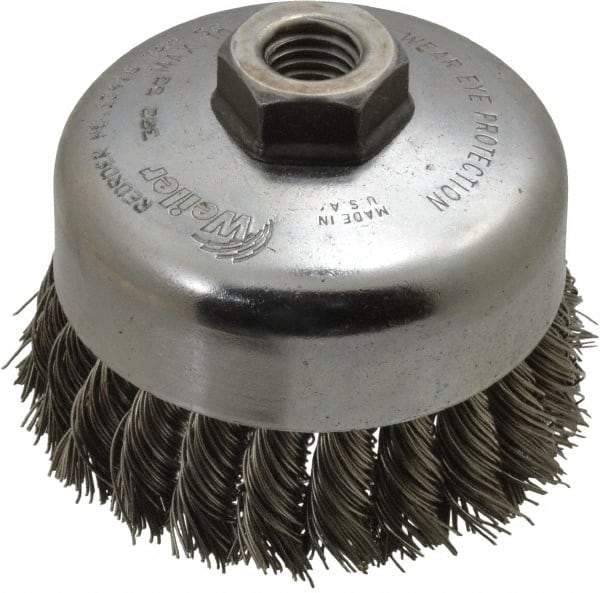 Weiler - 4" Diam, 5/8-11 Threaded Arbor, Stainless Steel Fill Cup Brush - 0.023 Wire Diam, 1-1/4" Trim Length, 9,000 Max RPM - Apex Tool & Supply