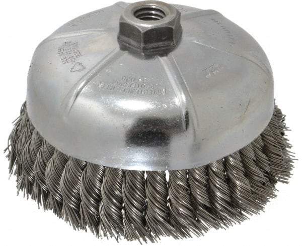 Weiler - 6" Diam, 5/8-11 Threaded Arbor, Steel Fill Cup Brush - 0.023 Wire Diam, 1-3/8" Trim Length, 6,600 Max RPM - Apex Tool & Supply