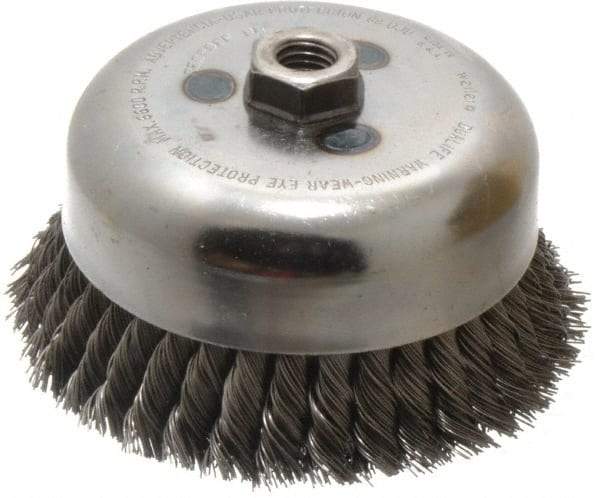 Weiler - 6" Diam, 5/8-11 Threaded Arbor, Steel Fill Cup Brush - 0.023 Wire Diam, 1-3/8" Trim Length, 6,600 Max RPM - Apex Tool & Supply