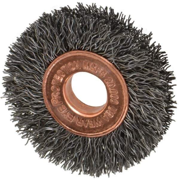 Weiler - 1-1/2" OD, 3/8" Arbor Hole, Crimped Steel Wheel Brush - 1/4" Face Width, 7/16" Trim Length, 0.0104" Filament Diam, 20,000 RPM - Apex Tool & Supply