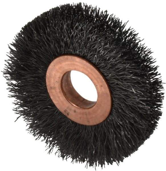 Weiler - 2" OD, 1/2" Arbor Hole, Crimped Steel Wheel Brush - 3/8" Face Width, 1/2" Trim Length, 0.008" Filament Diam, 20,000 RPM - Apex Tool & Supply