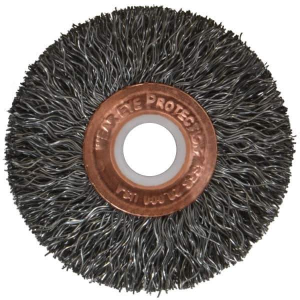 Weiler - 2" OD, 1/2" Arbor Hole, Crimped Steel Wheel Brush - 3/8" Face Width, 1/2" Trim Length, 0.0118" Filament Diam, 20,000 RPM - Apex Tool & Supply