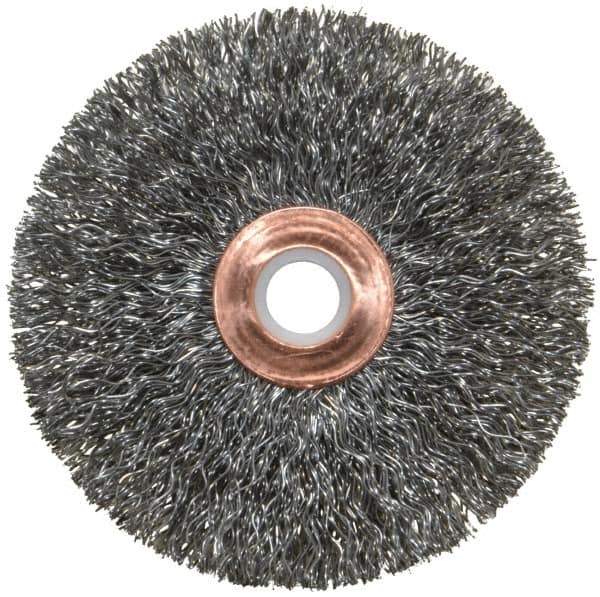 Weiler - 3" OD, 1/2" Arbor Hole, Crimped Steel Wheel Brush - 5/8" Face Width, 1" Trim Length, 0.0118" Filament Diam, 20,000 RPM - Apex Tool & Supply