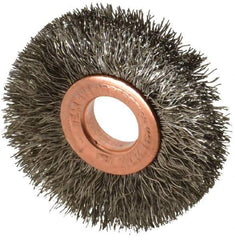 Weiler - 2" OD, 1/2" Arbor Hole, Crimped Stainless Steel Wheel Brush - 3/8" Face Width, 1/2" Trim Length, 0.0104" Filament Diam, 20,000 RPM - Apex Tool & Supply