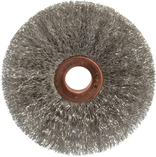 Weiler - 3" OD, 1/2" Arbor Hole, Crimped Stainless Steel Wheel Brush - 5/8" Face Width, 1" Trim Length, 0.006" Filament Diam, 20,000 RPM - Apex Tool & Supply